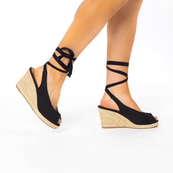 NWOT JUSTFAB BLCK LACE UP ESPADRILLE WEDGE HEELS OPEN TOE SIZE 9.5 - Picture 1 of 9